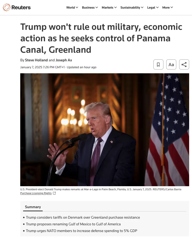 A screenshot of a Reuters news article dated January 7, 2025, featuring a photo of Donald Trump speaking at a podium with an…