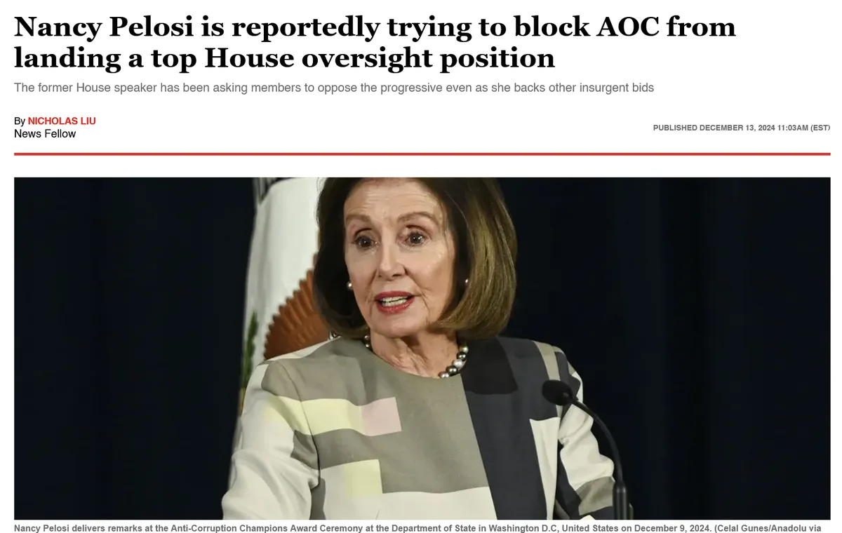 The image shows a news article headline about Nancy Pelosi reportedly trying to block AOC from a top House oversight…