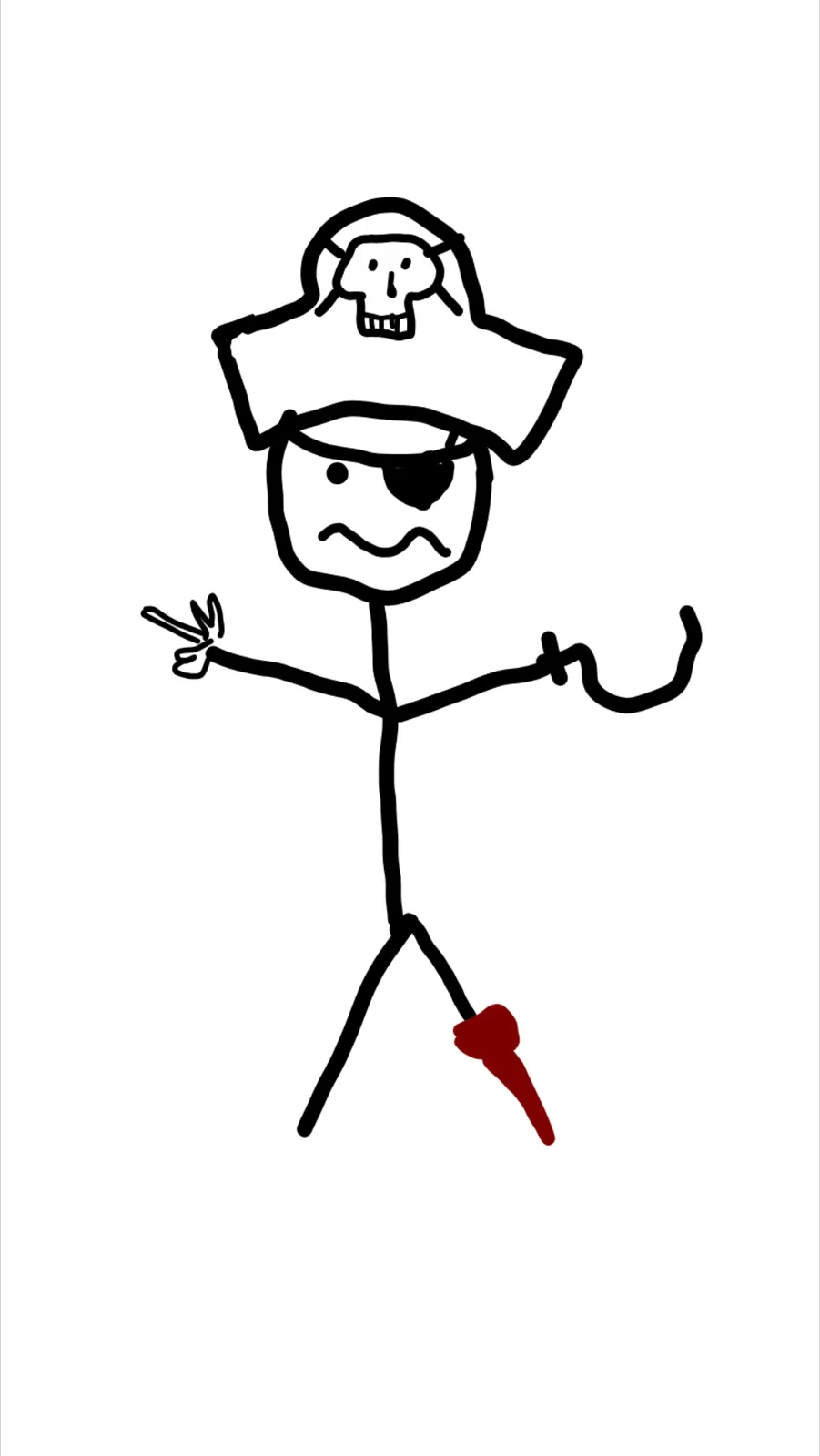 A simple stick figure drawing shows a pirate with a skull-and-crossbones hat, an eyepatch, and a red prosthetic leg. The…