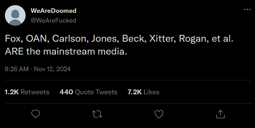 A screenshot of a tweet from the account 'WeAreDoomed' (@WeAreFucked) posted on November 12, 2024, at 8:26 AM. The tweet's…