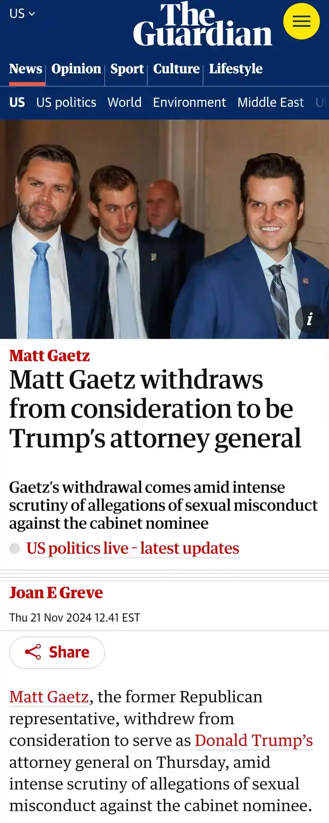 A screenshot of a The Guardian news article shows a photo of three men in suits, with Matt Gaetz on the right smiling. The…