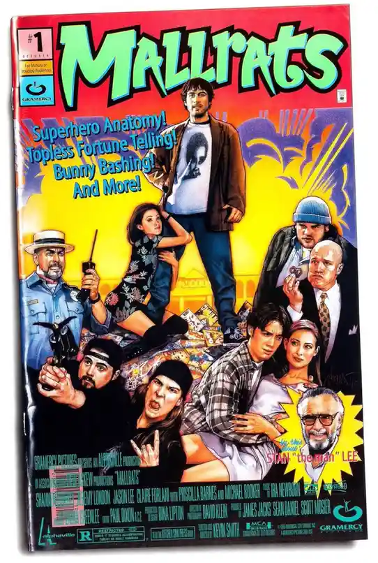 This is a mock movie poster for 'Mallrats,' a film by Kevin Smith, featuring a collage of characters in exaggerated…