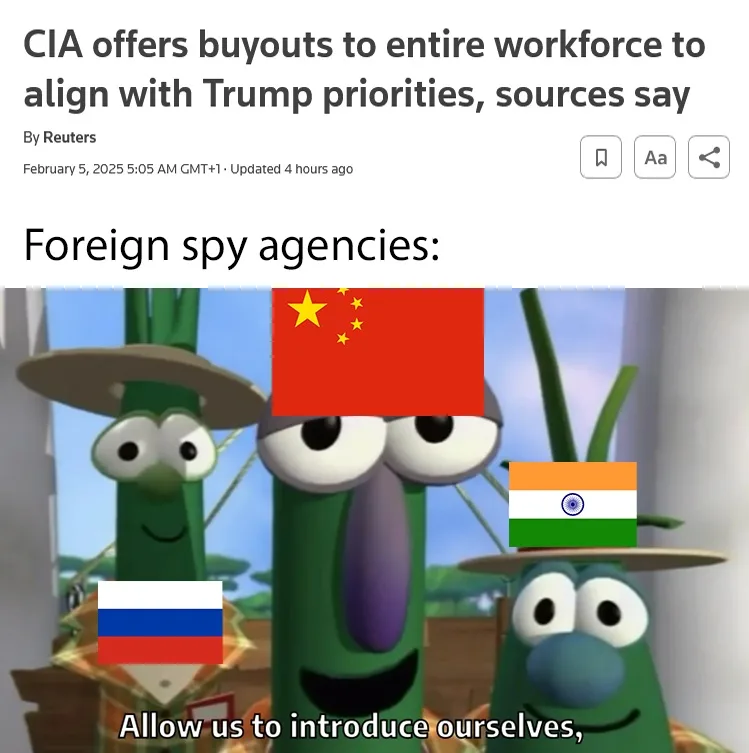 A screenshot of a fake Reuters news article titled 'CIA offers buyouts to entire workforce to align with Trump priorities…
