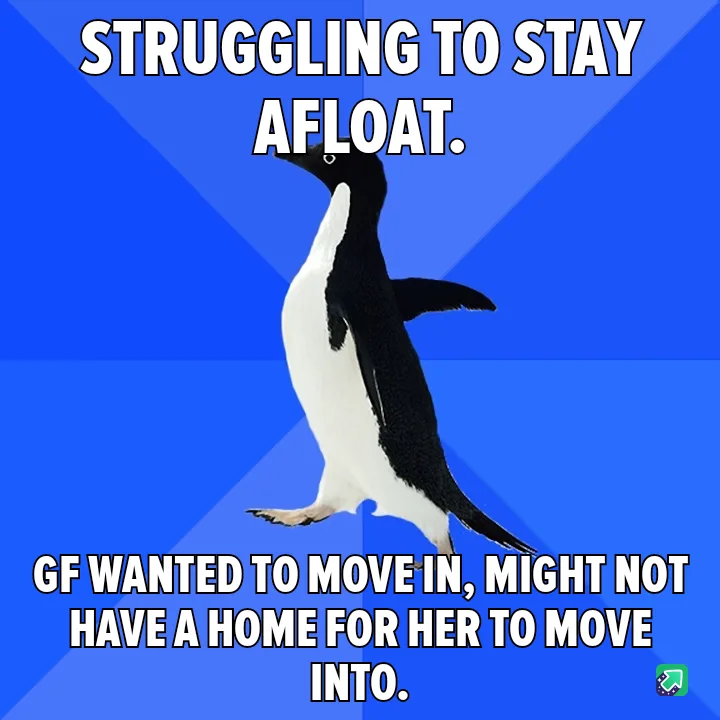 A black-and-white penguin stands upright against a blue background, looking distressed. The text above reads 'STRUGGLING TO…