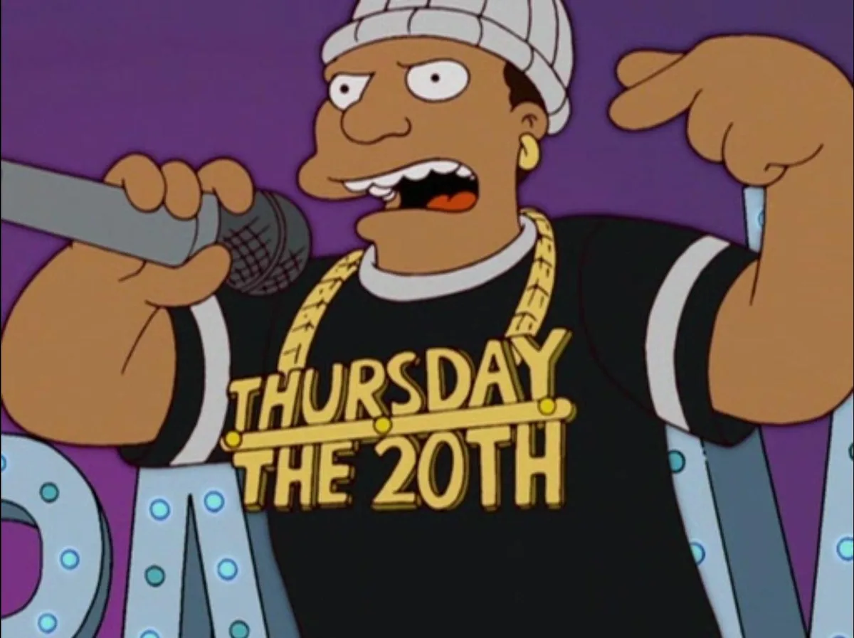 A cartoon character from The Simpsons, wearing a white beanie, gold chain, and a black t-shirt with 'THURSDAY THE 20TH' in…