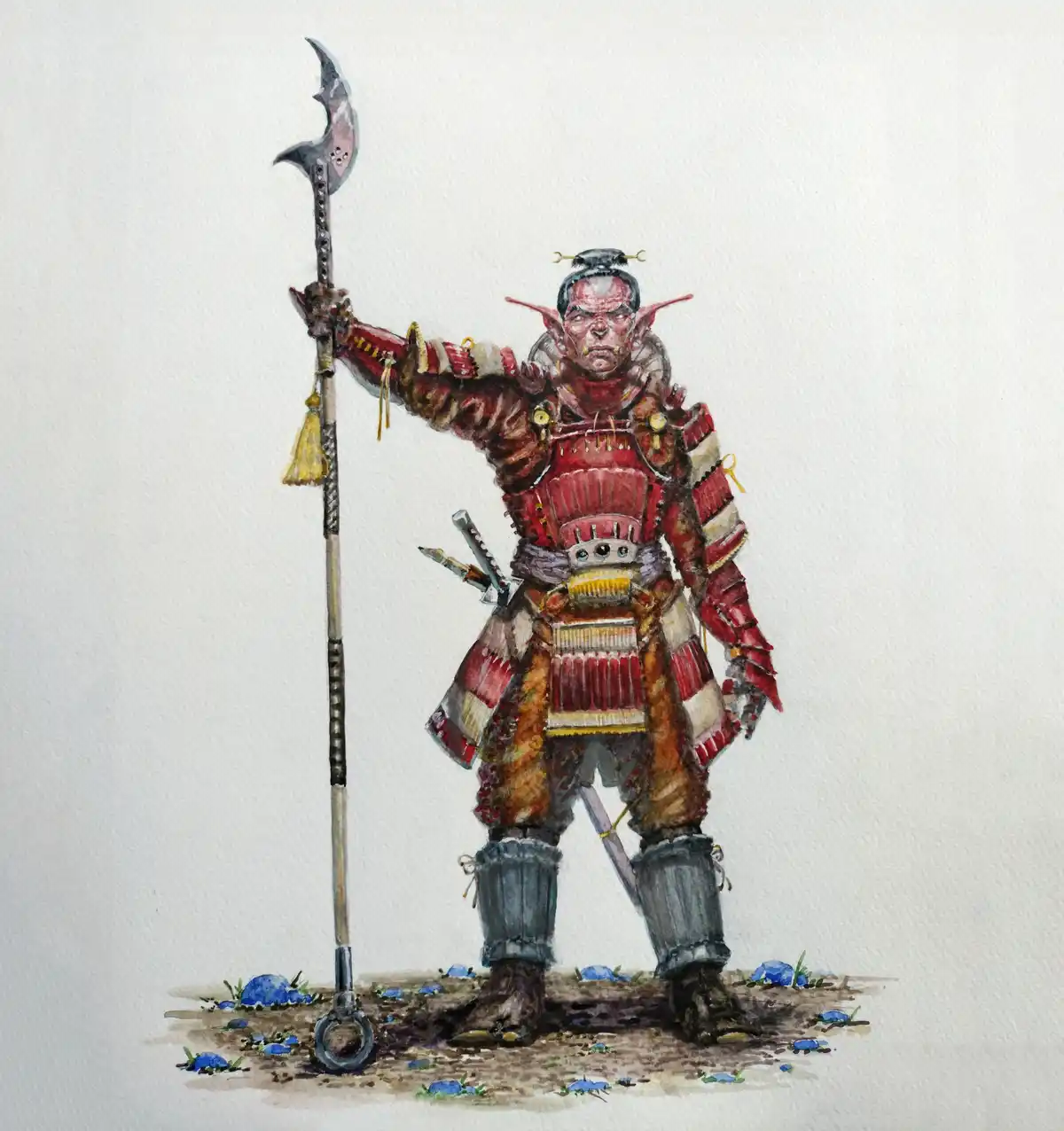 A watercolor illustration depicts a red-skinned, pointed-eared fantasy warrior in ornate red and beige samurai-style armor…