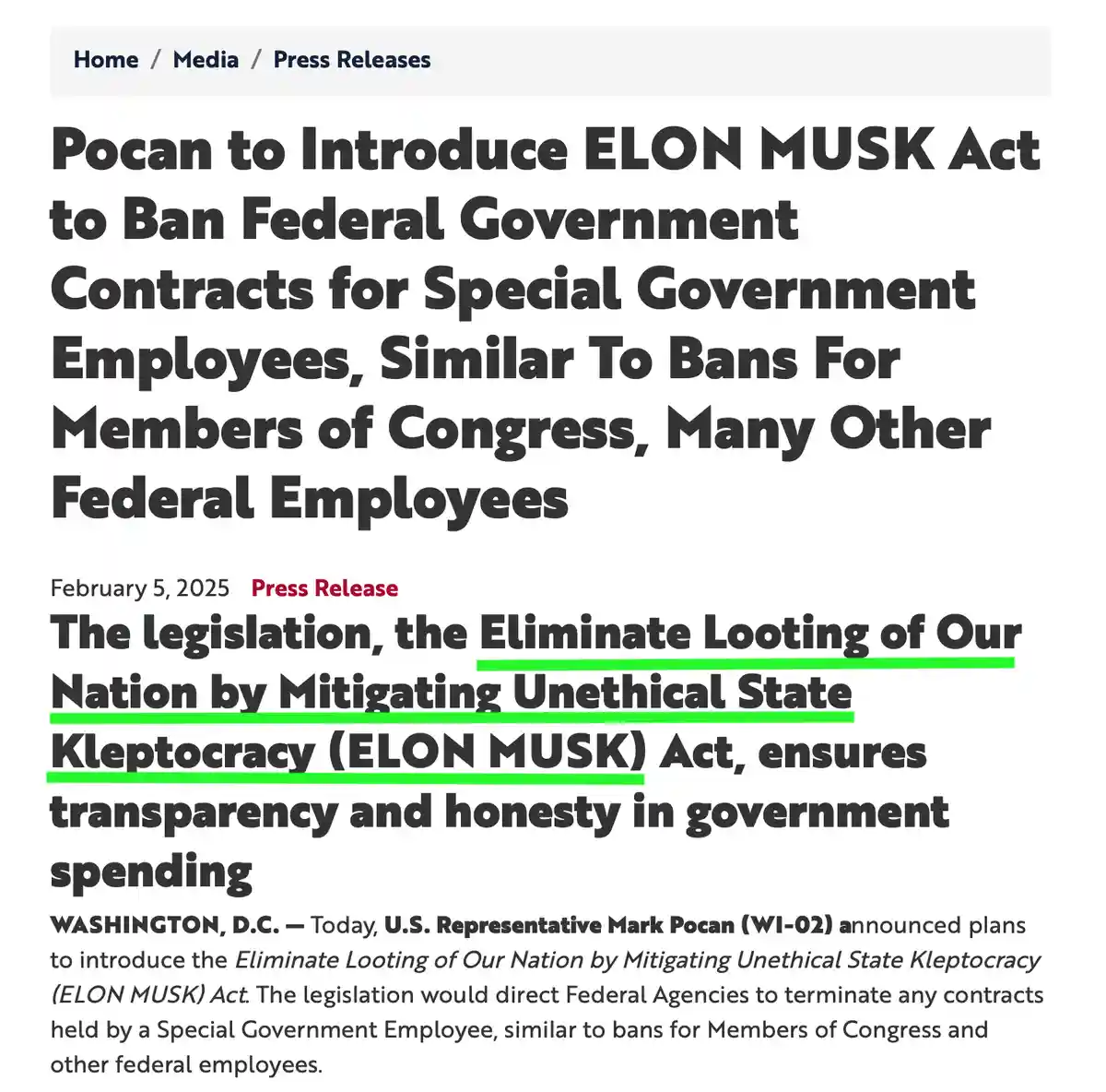 A screenshot of a press release from February 5, 2025, announcing U.S. Representative Mark Pocan's plan to introduce the…