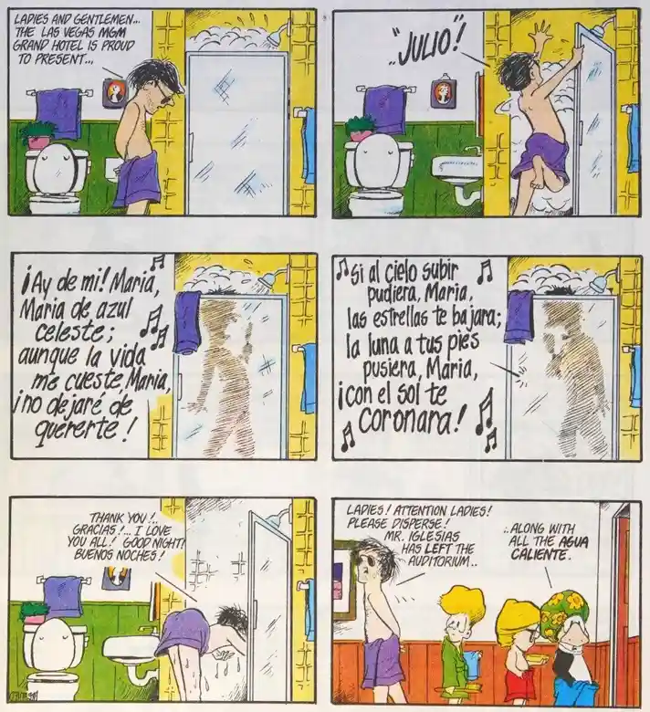 A six-panel comic strip shows a man singing flamenco songs in a shower, then bowing to an audience, only to realize he's…