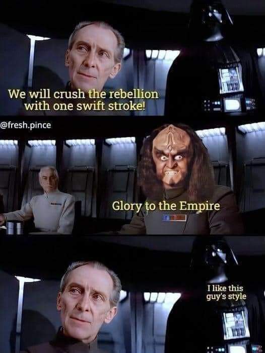 A three-panel meme from Star Wars showing Grand Moff Tarkin confidently declaring 'We will crush the rebellion with one…