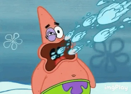 The image shows Patrick Star from SpongeBob SquarePants in two rows of three identical frames, each depicting him underwater…