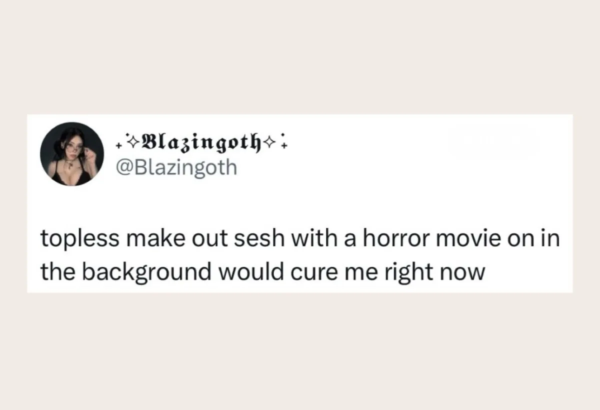 A screenshot of a tweet from user @Blazingoth, who has a dark-themed profile picture. The tweet reads: 'topless make out…