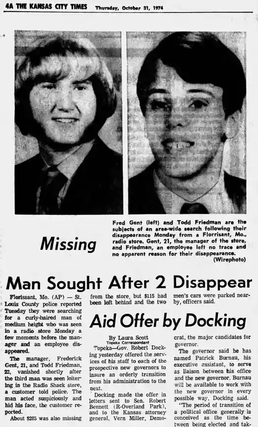A 1974 newspaper clipping from The Kansas City Times shows two headshots of missing men, Fred Gent and Todd Friedman, with a…