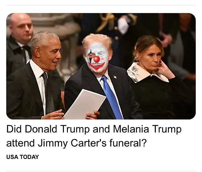 A photo shows Barack Obama smiling while standing next to Donald Trump, whose face is digitally altered to look like a clown…