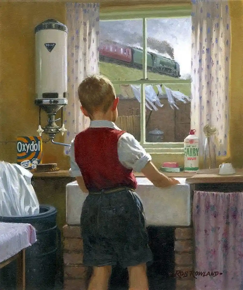 A vintage painting shows a young boy in a red vest standing at a kitchen sink, looking out a window at a passing steam…