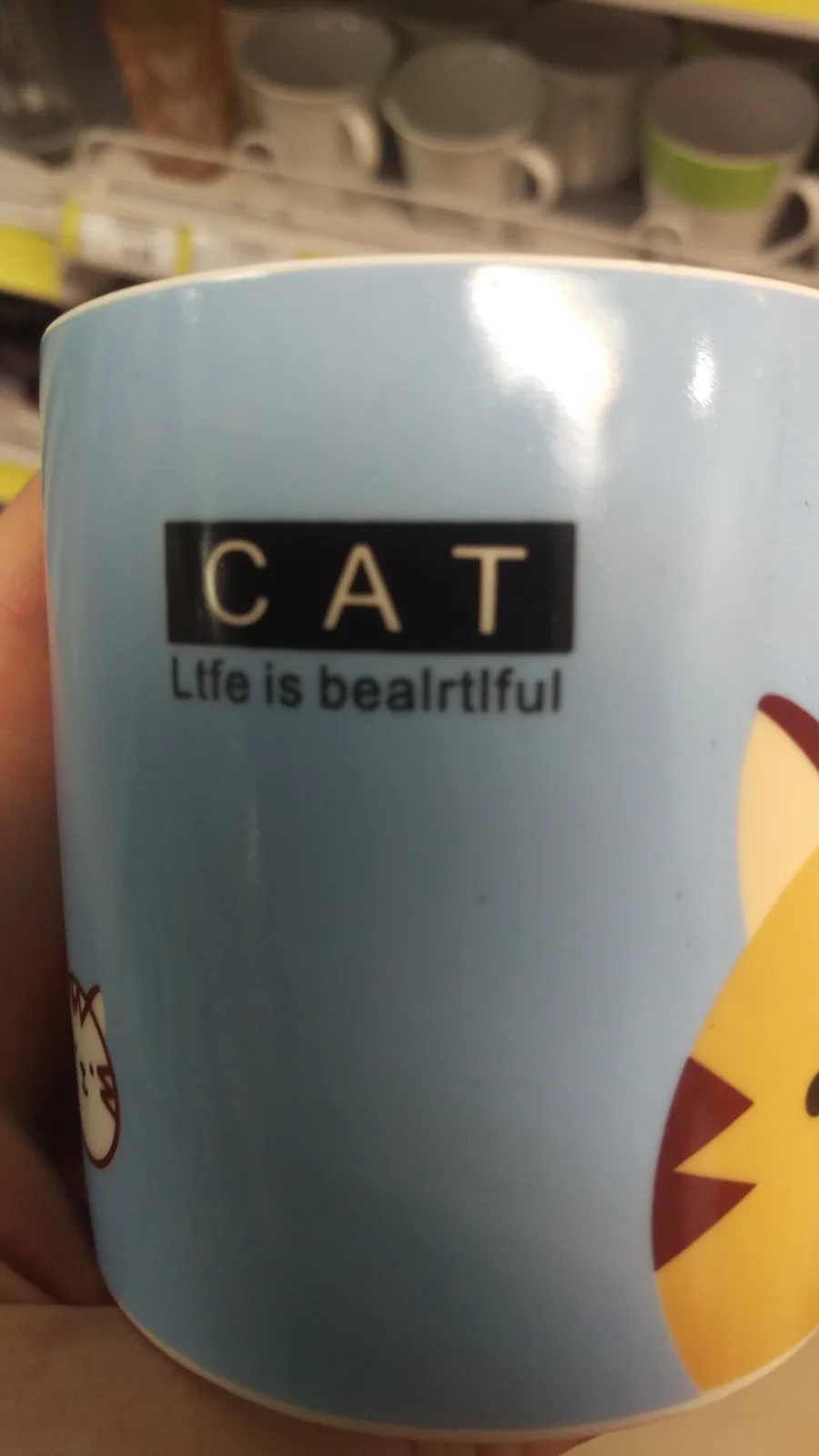 A close-up photo of a light blue mug being held, showing the text 'CAT' in a black box above the misspelled phrase 'Ltfe is…