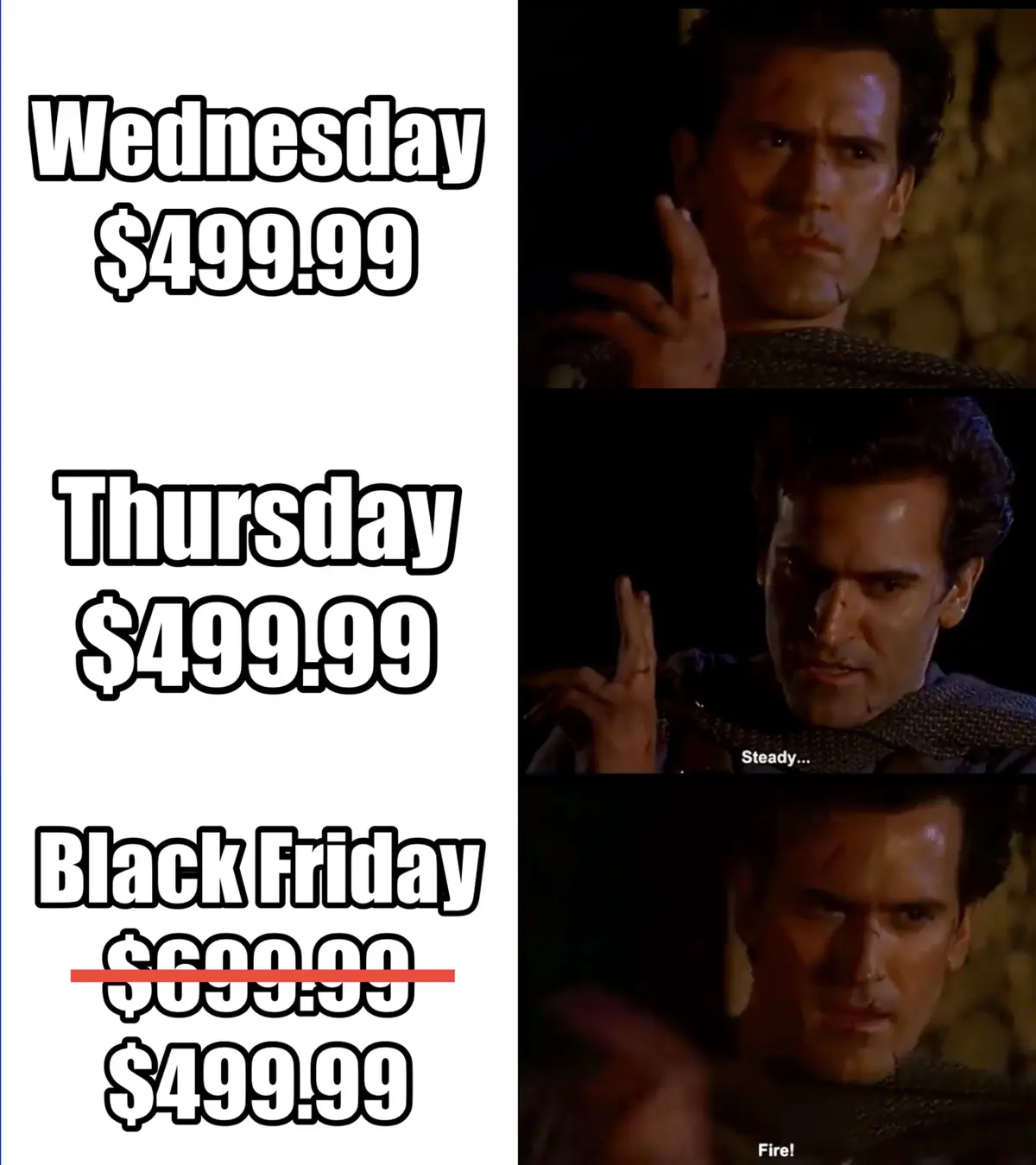 The image displays three panels of a man with a serious, intense expression, overlaid with text listing prices for…