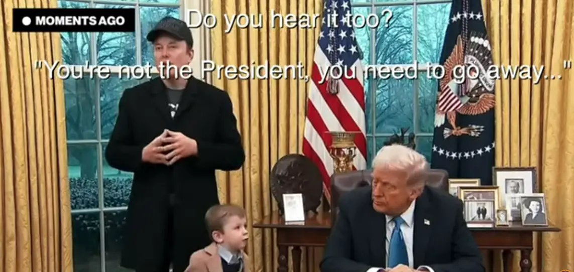 A man in a black coat and cap stands in the Oval Office with a young boy beside him, while Donald Trump sits at his desk…