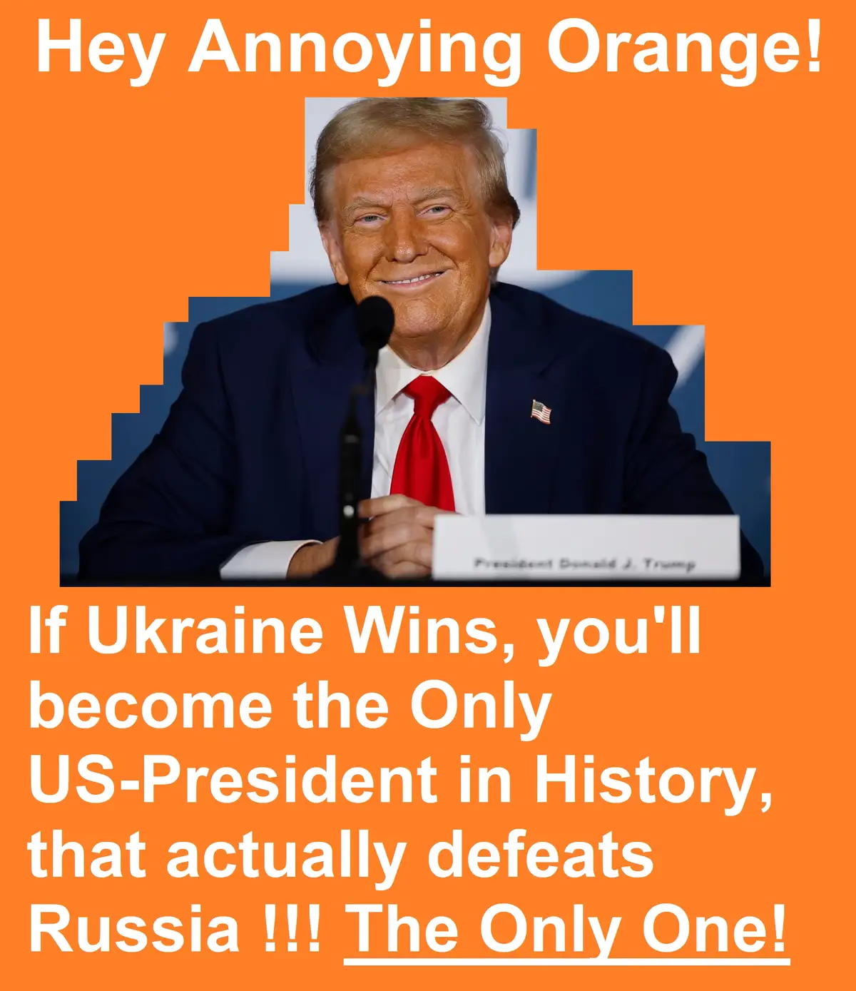 The image features a photo of Donald Trump smiling at a podium with a nameplate reading 'President Donald J. Trump'. The…