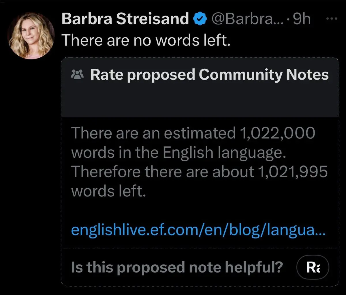 A screenshot of a tweet from Barbra Streisand showing a 'Rate proposed Community Notes' prompt from Twitter. The note claims…