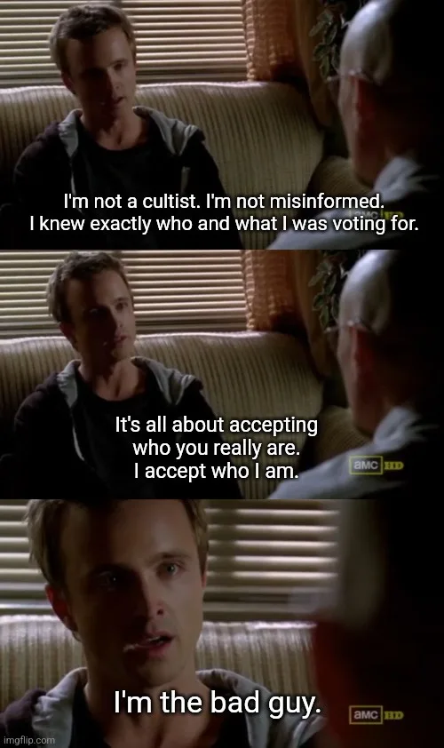 A three-panel meme featuring actor Aaron Paul as Walter White from 'Breaking Bad' in a living room setting. In each panel…