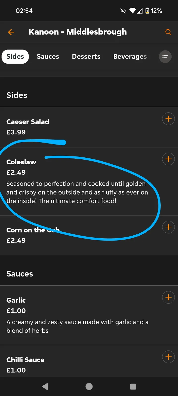 A screenshot of a restaurant app menu for 'Kanoon - Middlesbrough' shows the 'Sides' section with 'Coleslaw' highlighted by…