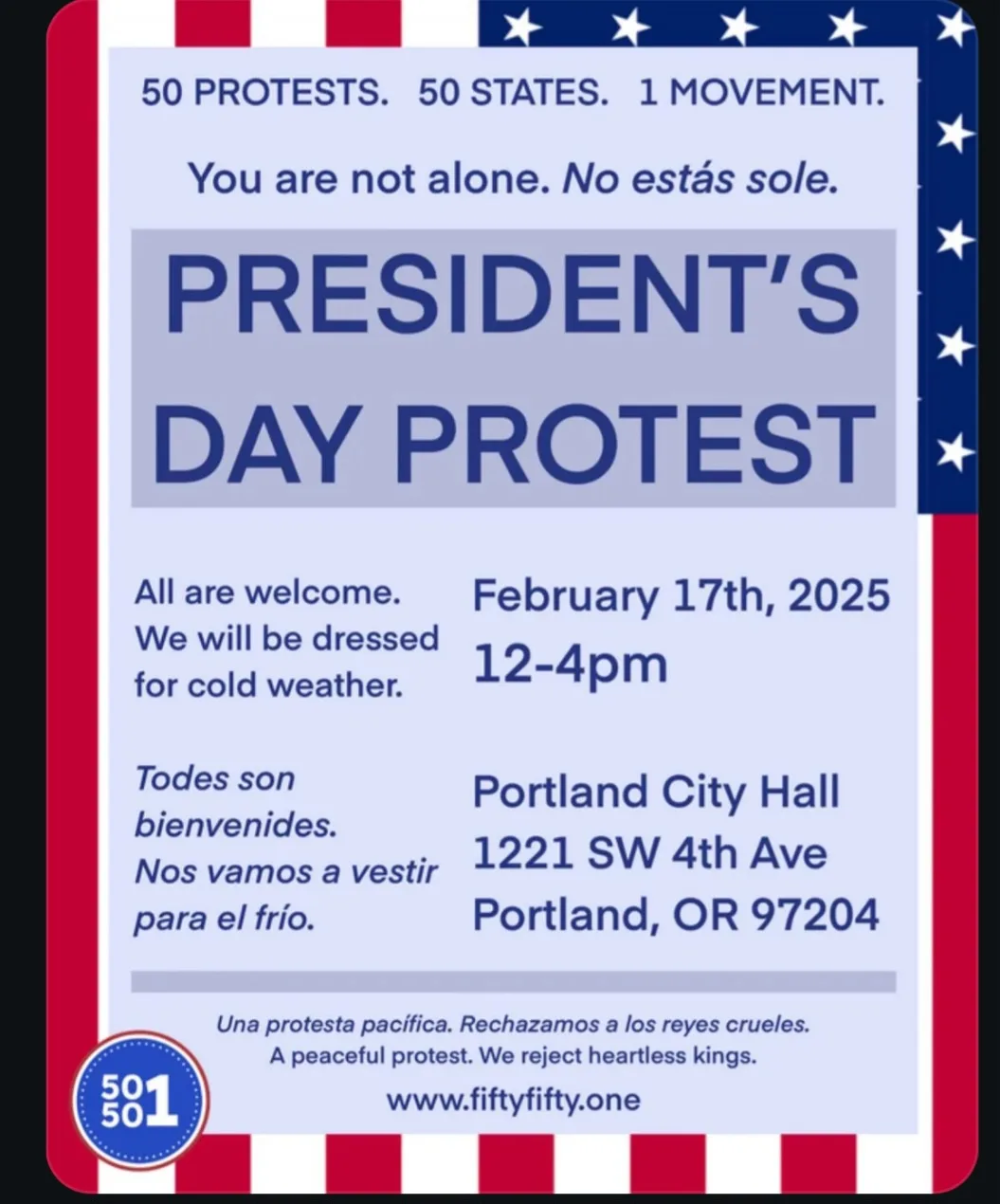 A protest flyer designed to look like an American flag with red, white, and blue borders and stars. It announces a…