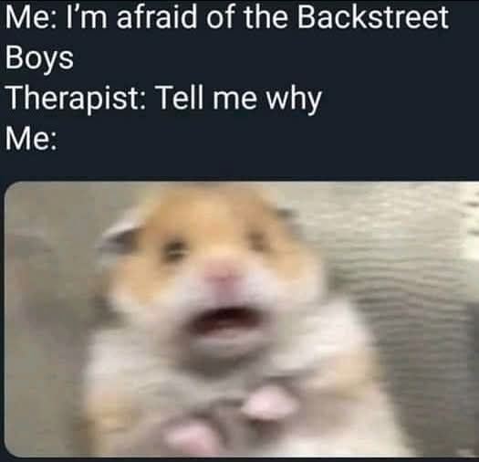 A blurry image of a hamster with wide eyes and an open mouth, appearing shocked or scared, overlaid with text that reads…