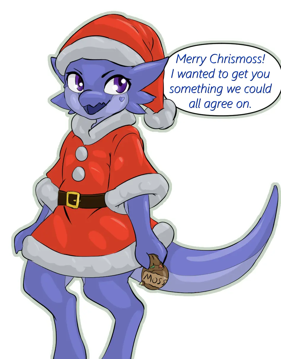 A blue-furred anthropomorphic character wearing a red Santa outfit with white trim and a matching hat, holding a small sack…