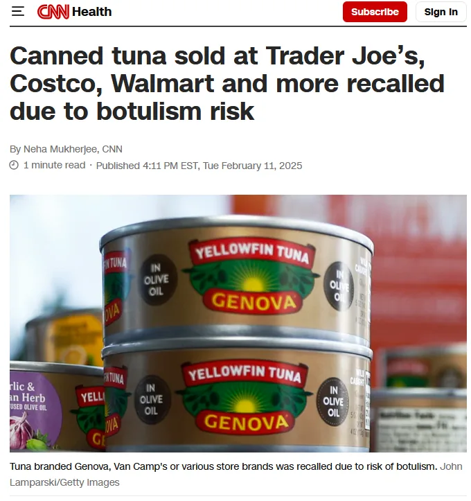 A close-up photo shows stacked cans of Genova brand yellowfin tuna in olive oil, with the CNN Health article headline…
