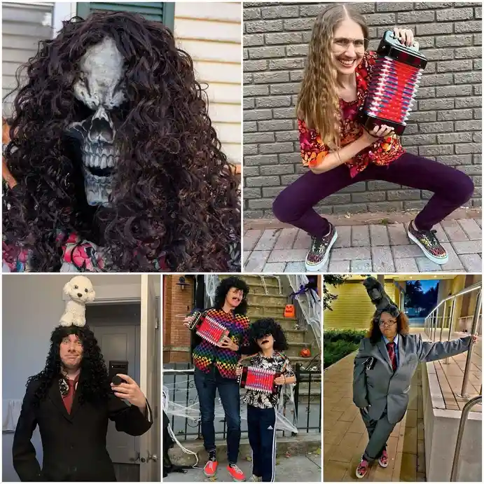 A collage of five photos showing people in Halloween costumes: one with a skull face and curly wig, one with a colorful…
