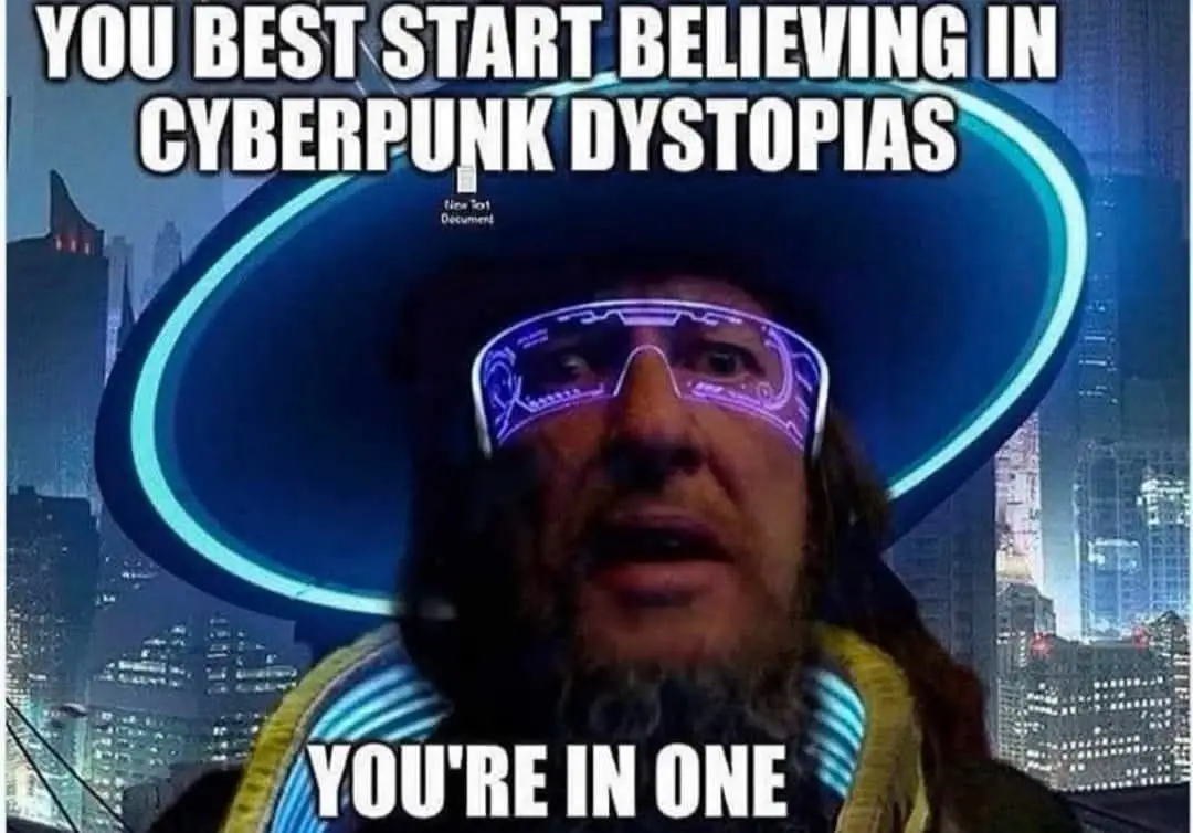 A man with a long beard and futuristic glowing glasses stares intensely at the viewer against a neon-lit cyberpunk…
