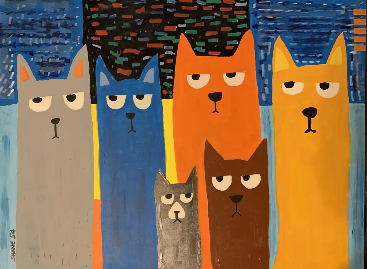 A colorful painting shows six stylized cats of various colors standing in a row, all with identical bored or unimpressed…
