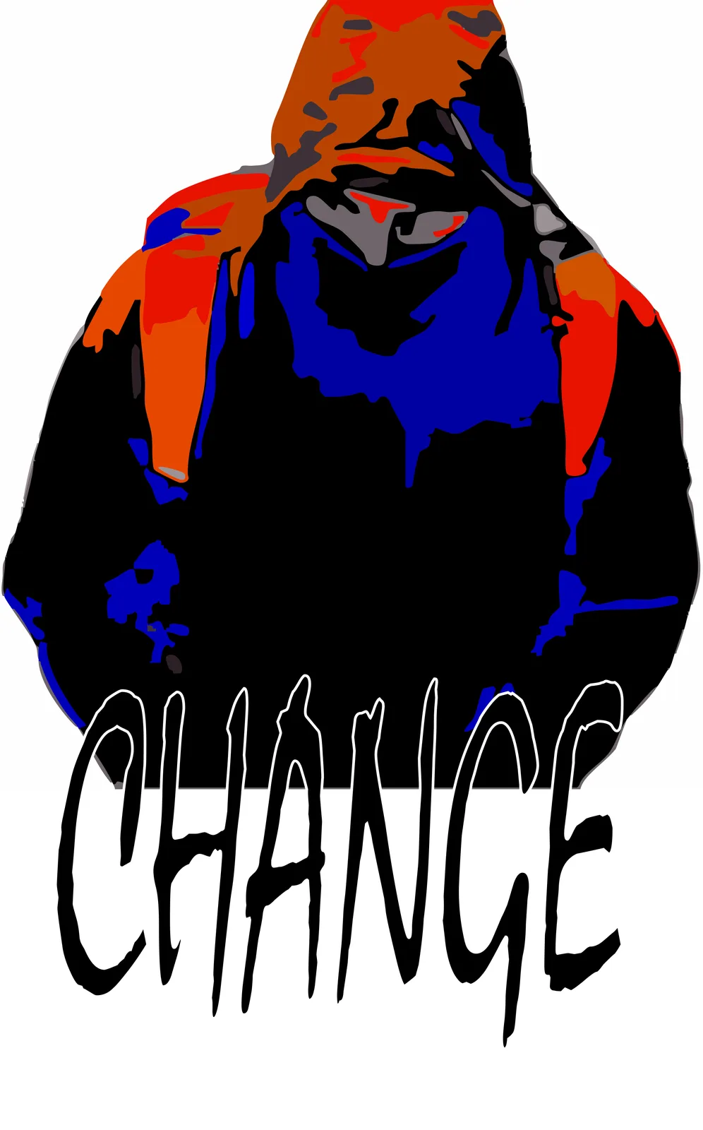 A stylized, abstract illustration of a human-like figure with a black silhouette, orange and blue paint dripping down its…
