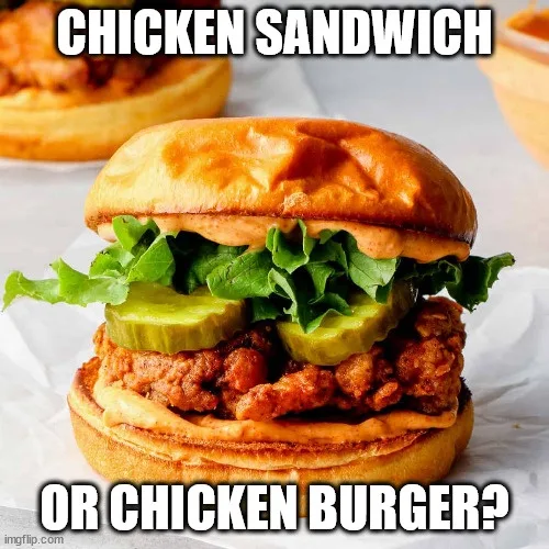 A close-up photo of a fried chicken sandwich with lettuce and pickles between a toasted bun, with bold white text overlaid…