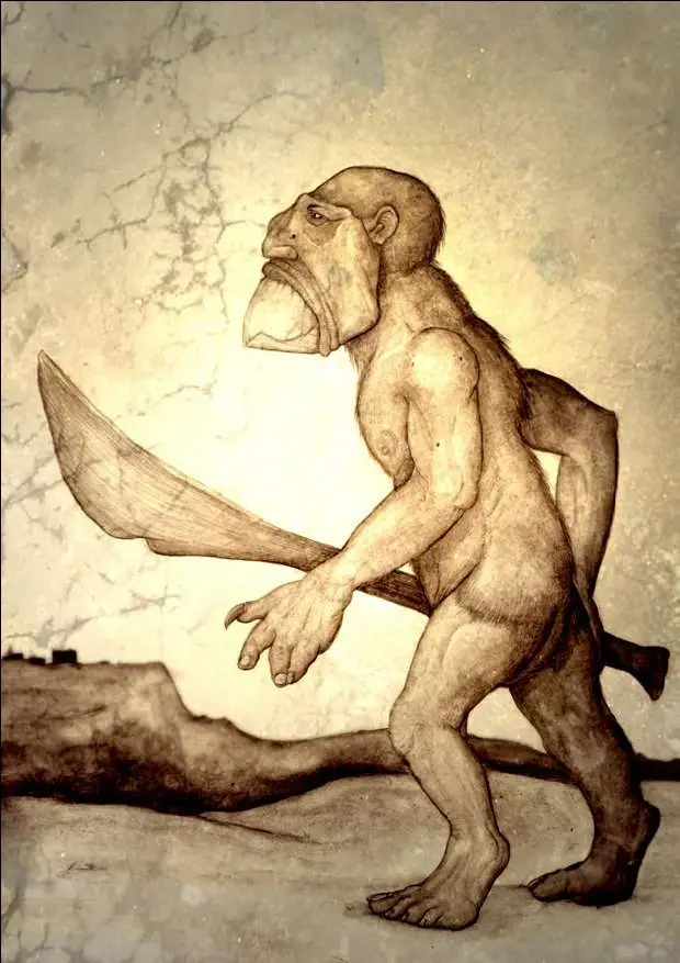 A sepia-toned illustration depicts a muscular, bald, ape-like humanoid with a large jaw and prominent brow, walking forward…