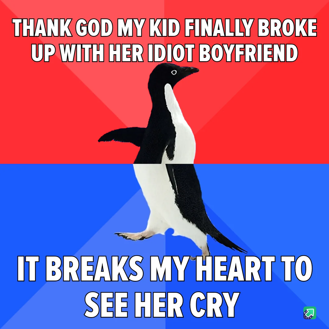 A black-and-white penguin stands centered against a red-and-blue background, with white text overlaid in two sections. The…