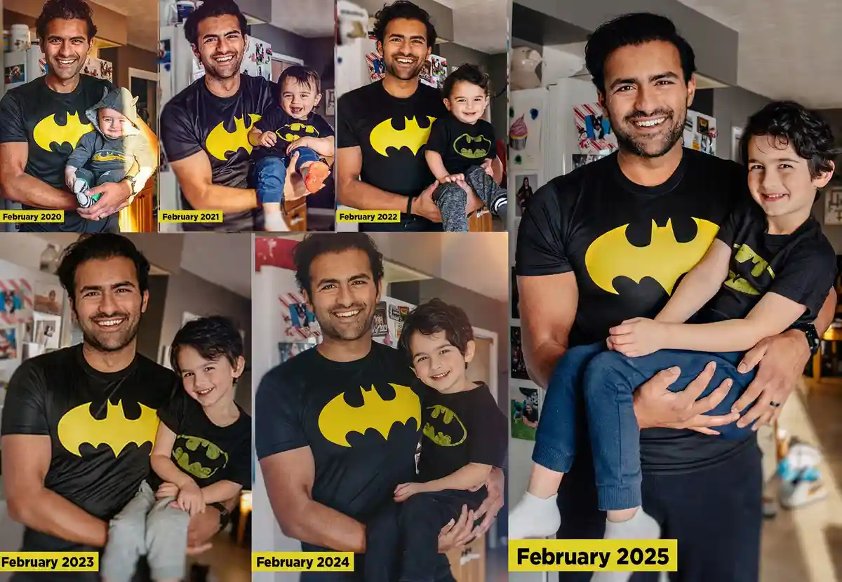 A collage of six photos shows a man and a young boy, both wearing Batman-themed t-shirts, posing together in a home kitchen…