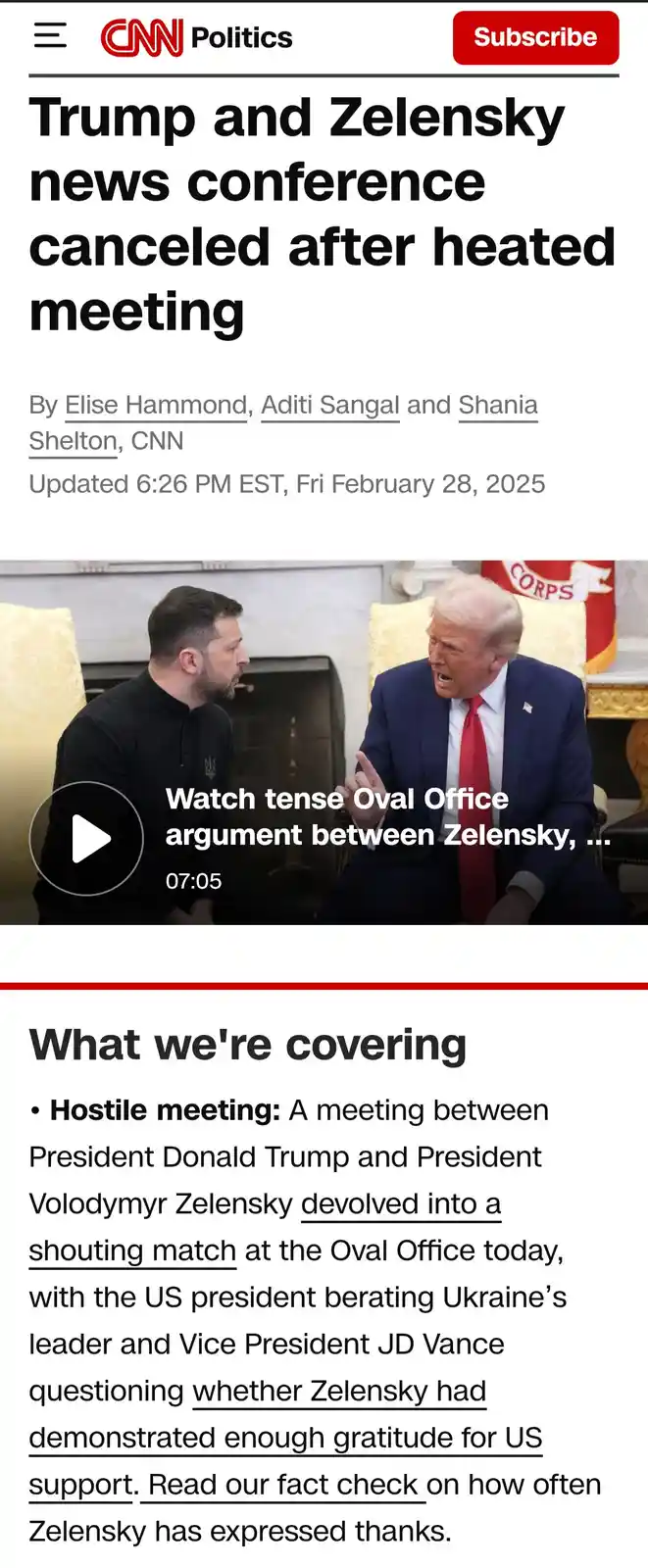 A screenshot of a CNN Politics article headline about a canceled news conference between Donald Trump and Volodymyr Zelensky…