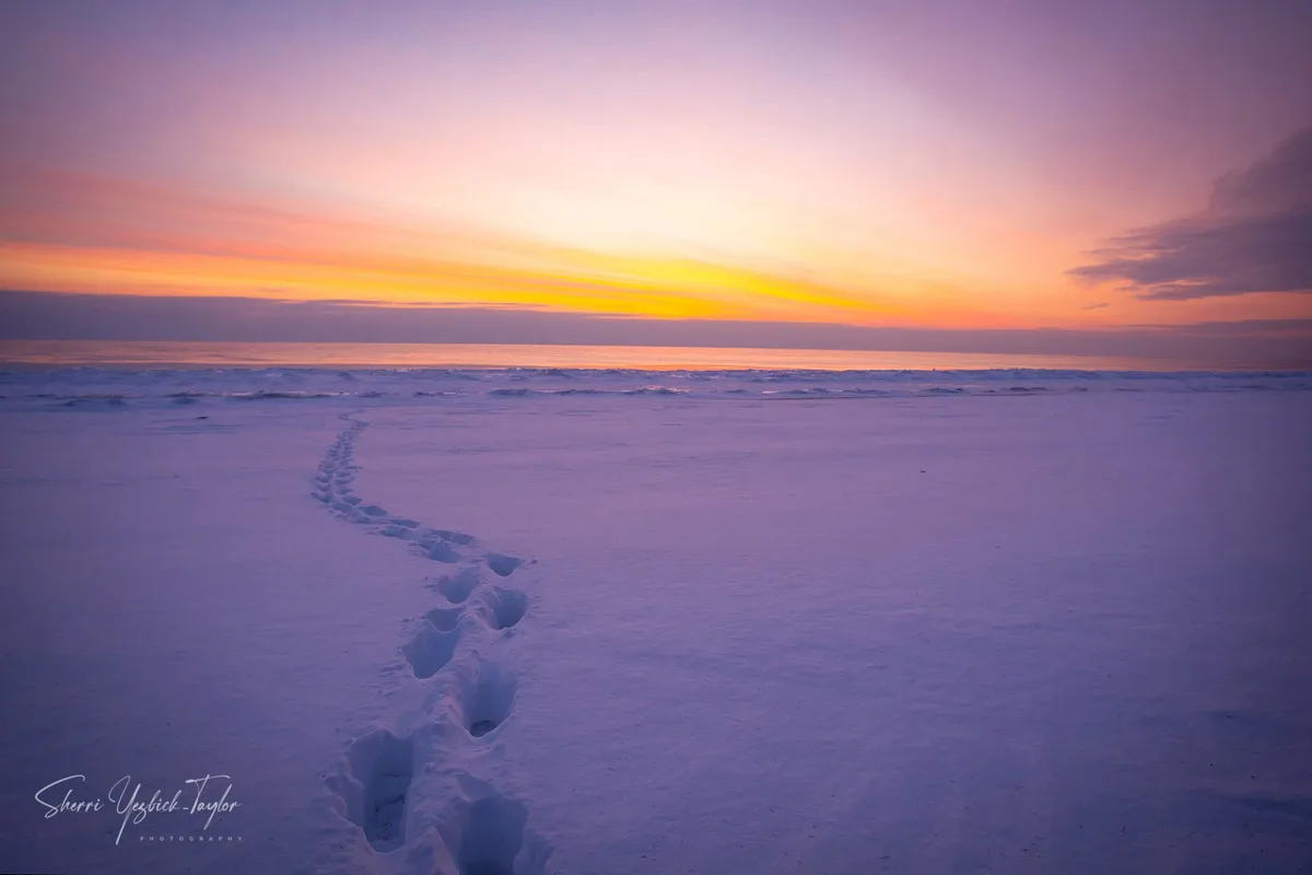 A serene winter beach at sunset, with a trail of human footprints leading across the snow-covered shore toward the horizon…