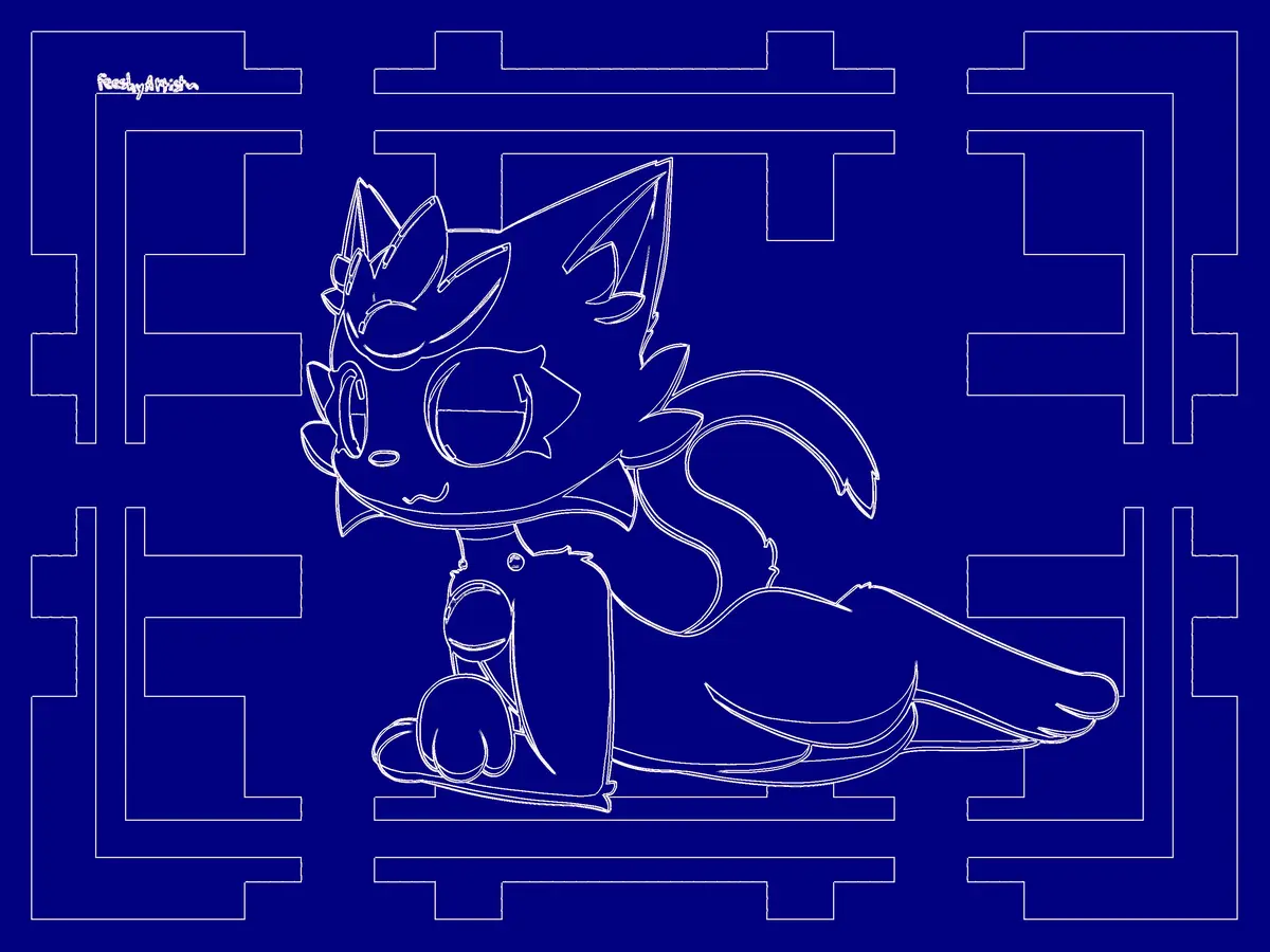 A white line-art drawing of a chibi-style anthropomorphic hedgehog with spiky quills and a crown, lying down in a relaxed…