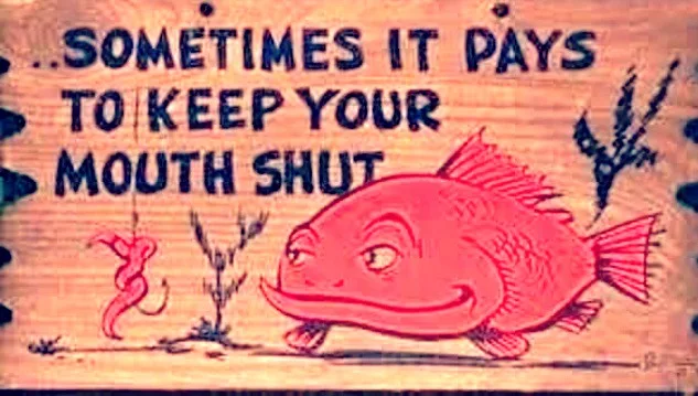 A hand-drawn cartoon on wood grain shows a red fish with a smug, closed-mouth expression, while a fishing hook with a worm…