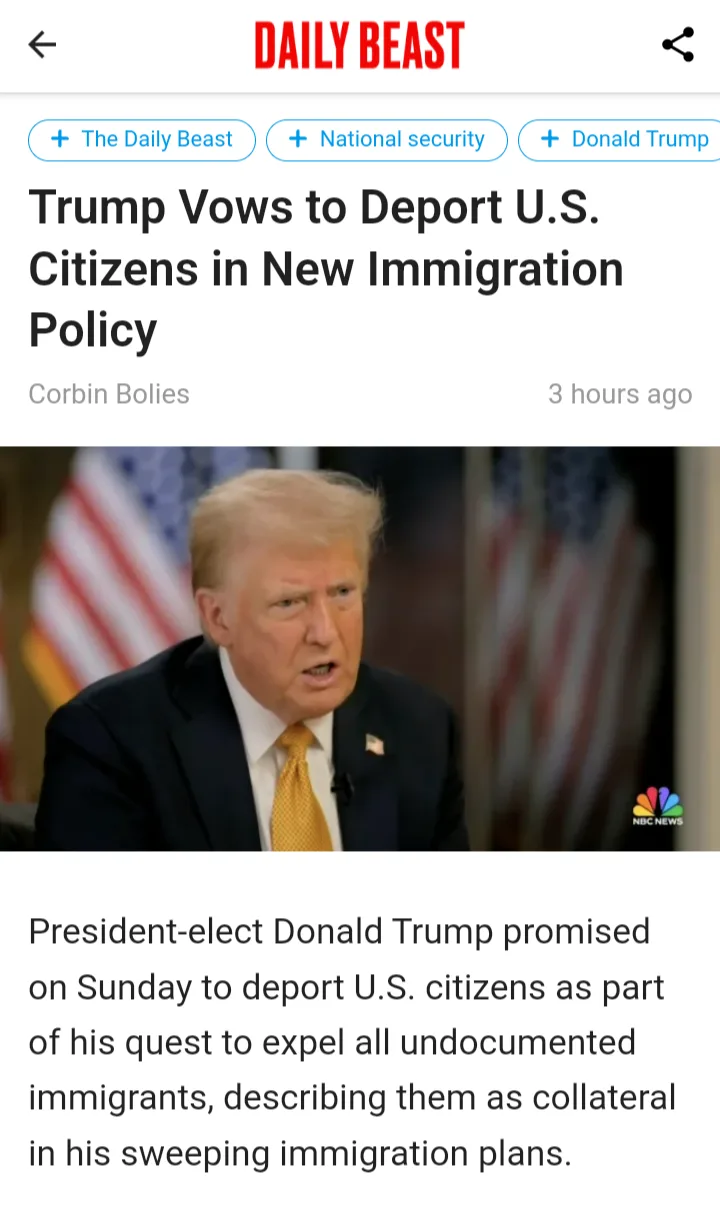 A screenshot of a Daily Beast news article shows Donald Trump speaking in front of American flags, with the headline 'Trump…
