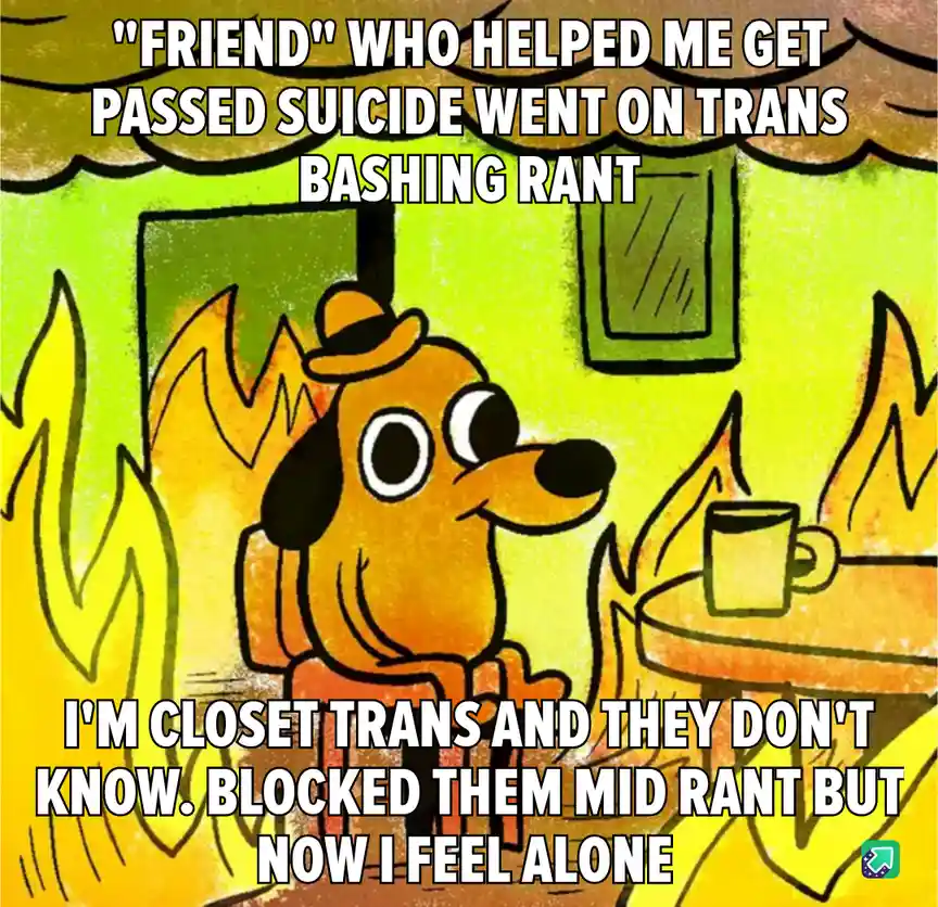 A cartoon dog wearing a hat sits calmly in a room with flames on either side, holding a mug. The text says a 'friend' who…