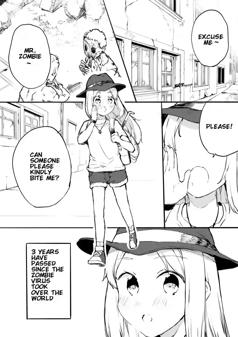 A manga panel shows a young girl in a hat and shorts pleading for a zombie to bite her, with text stating '3 years have…
