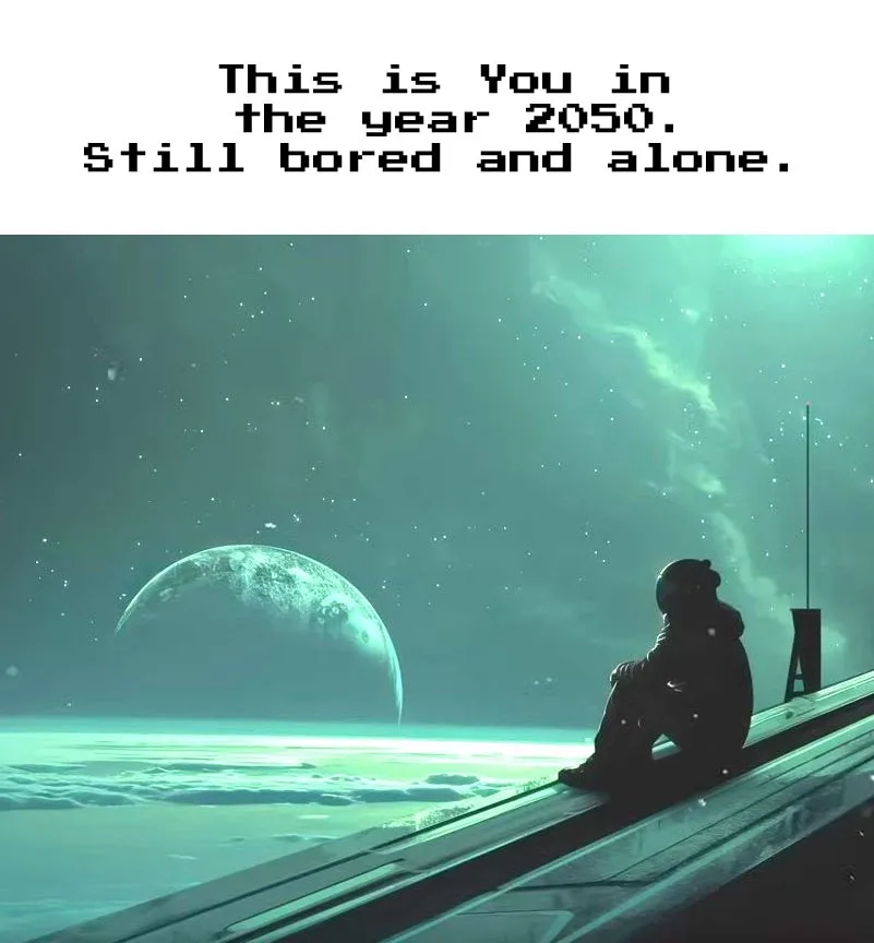 A lone astronaut sits on the edge of a futuristic structure, gazing at a large planet in a starry, teal-hued sky. The…