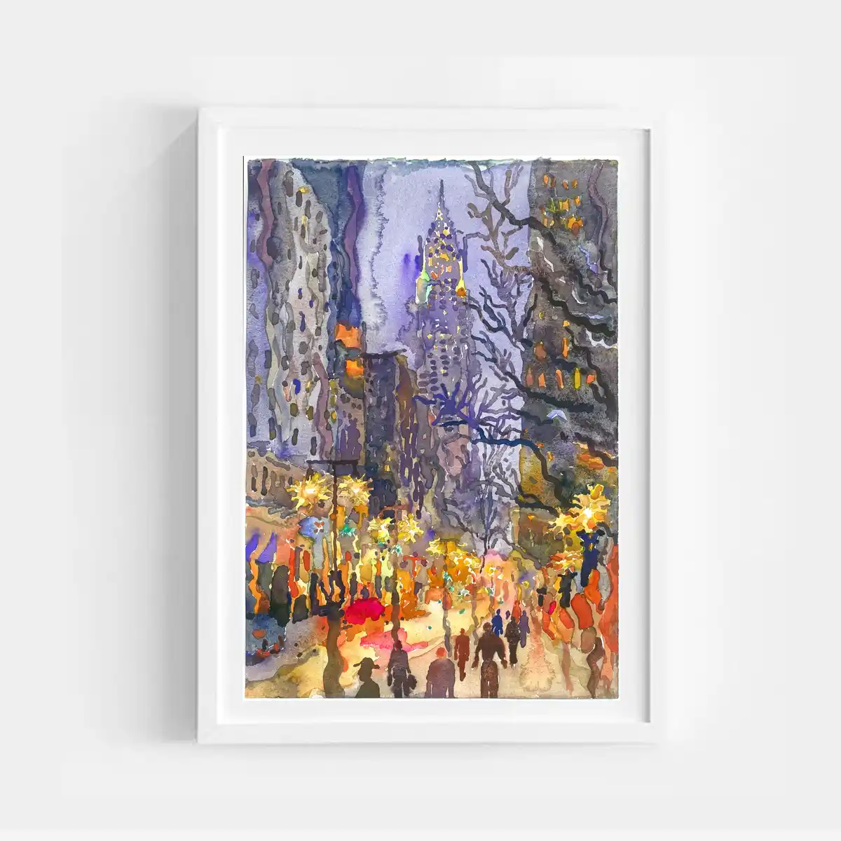 A watercolor painting of a cityscape, likely New York, featuring the Chrysler Building, bare trees, and silhouetted…