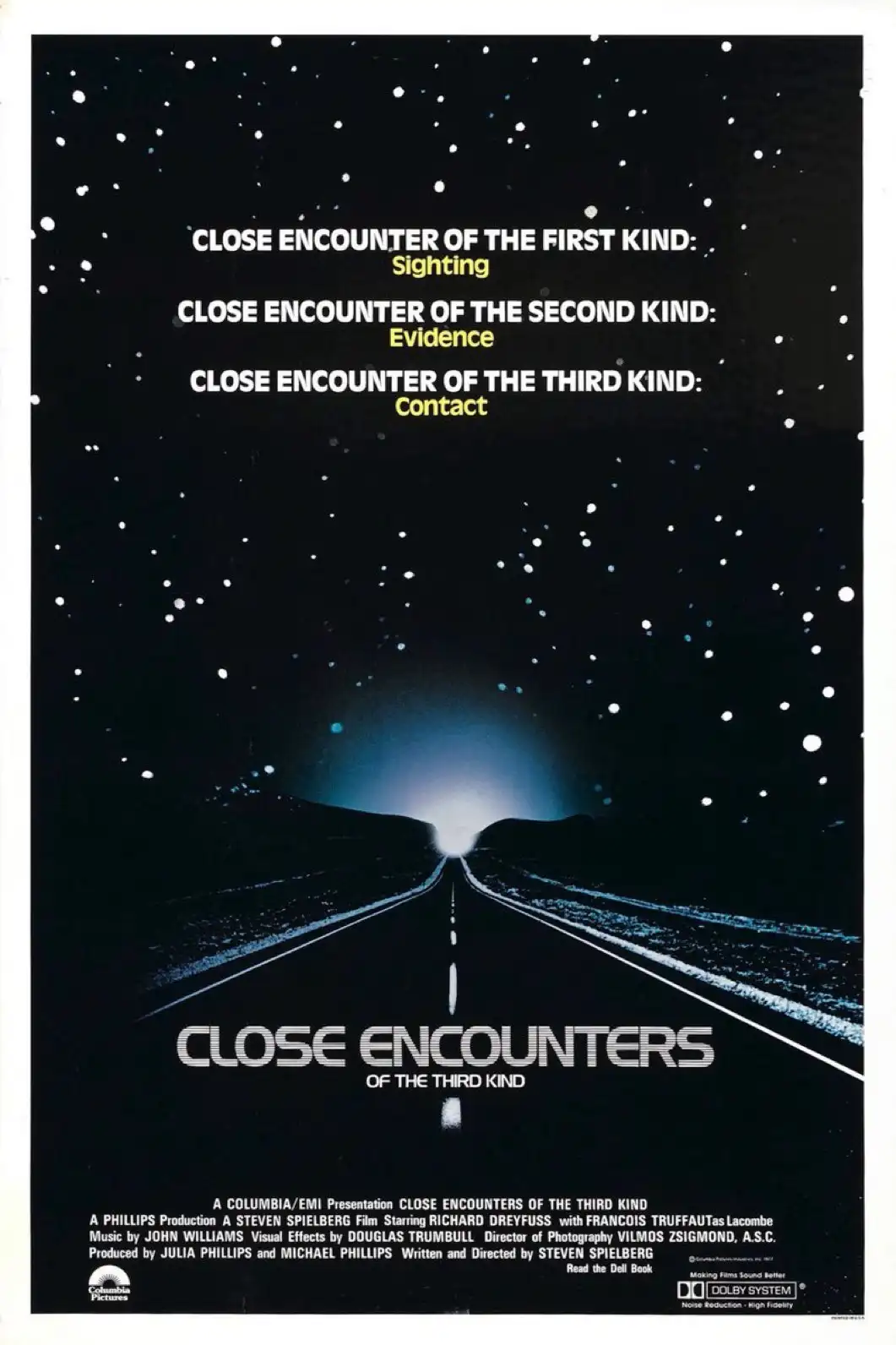 The image is a movie poster for 'Close Encounters of the Third Kind' showing a road stretching toward a bright light under a…