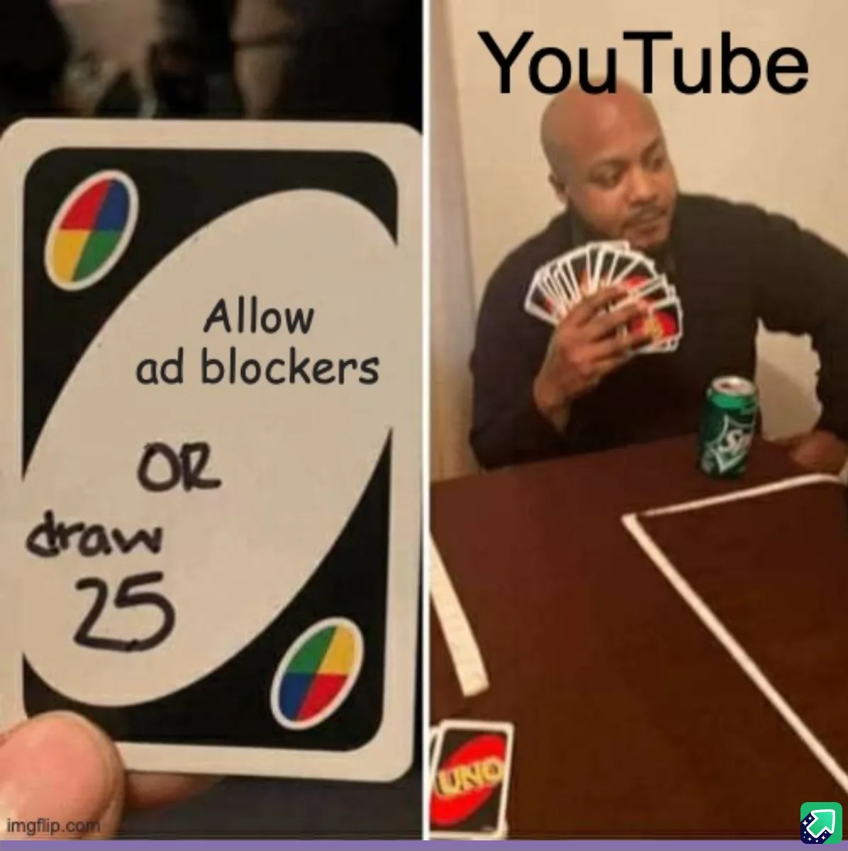 The image is split: left side shows a hand holding a modified UNO card with 'Allow ad blockers OR draw 25' written on it…