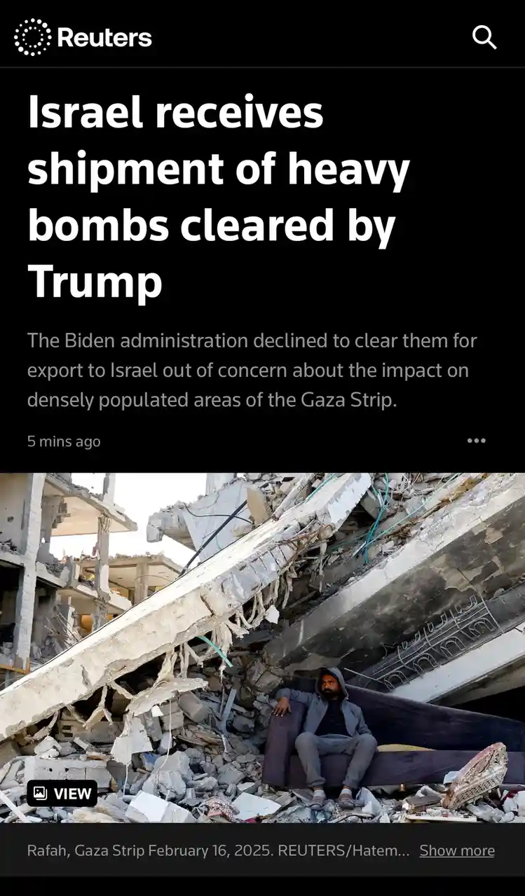 A Reuters news article screenshot shows a headline claiming Israel received heavy bombs cleared by Trump, with a subtext…