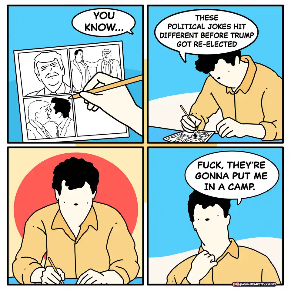 A four-panel comic shows a person coloring political cartoons featuring Donald Trump. The first panel shows a hand coloring…